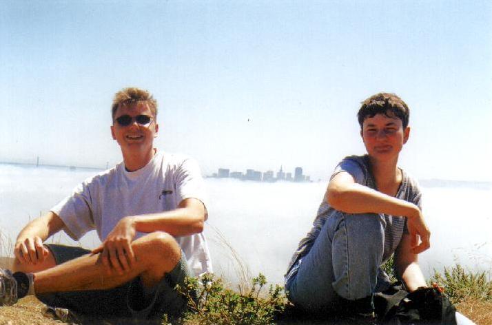 On Angel Island -- in the background fog and the skyline of San Francisco.