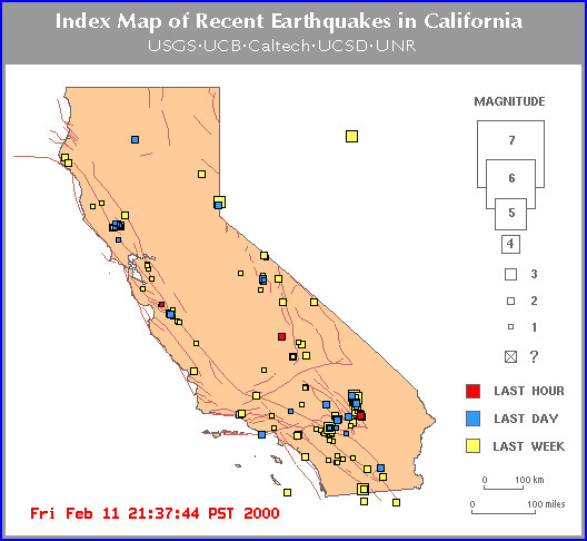 Die aktuelle kalifornische Erdbebenkarte auf dem Internet: http://quake.wr.usgs.gov/recenteqs