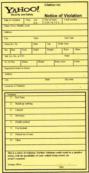 Yahoo! Ticket for Illegal Parking