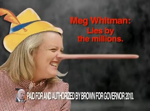 Meg Whitman mit Lügennase: So wirbt Jerry Brown für sich als Governeur.