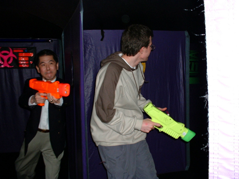 Two tough opponents in laser tag.