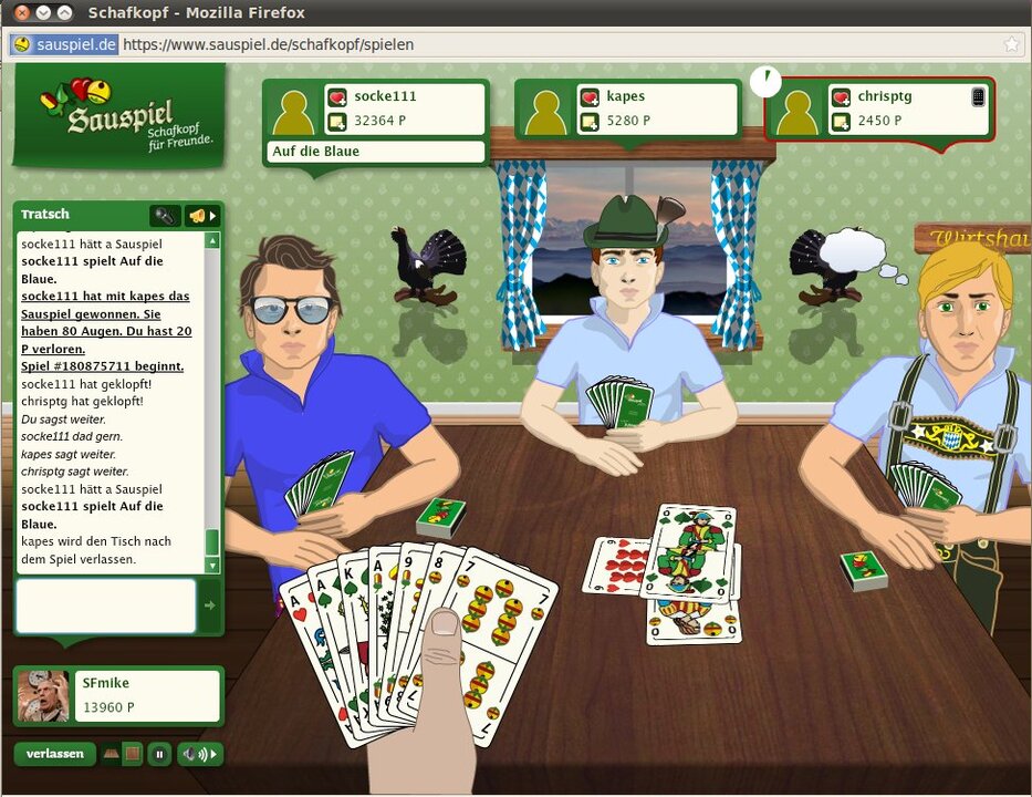 Schafkopf spielen mit anderen Leuten im Internet: sauspiel.de