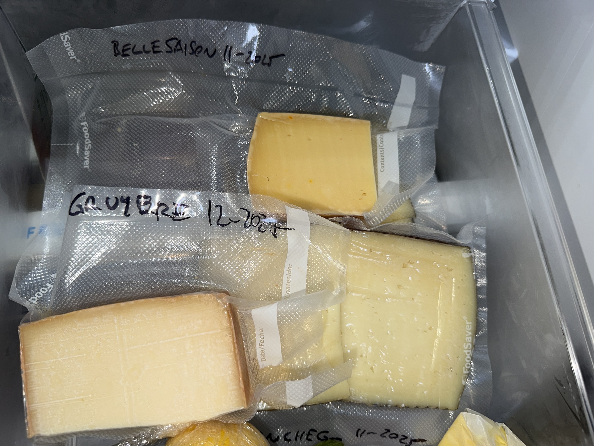 Our cheese collection in the refrigerator, permanently packaged.